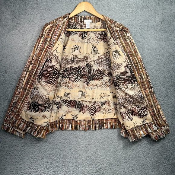 Chicos L-XL Size 3 Jacket nubby woven Tweed Brown Fringe designer style pockets - Picture 8 of 14
